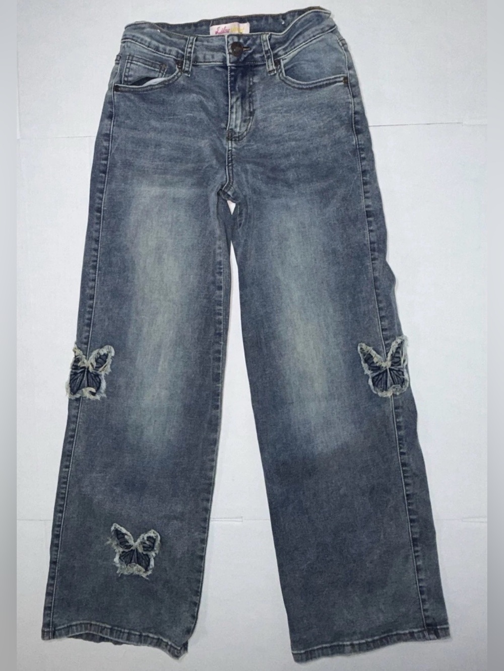 Girls' Washed Gray Wide-Leg Jeans with Butterfly Appliqués